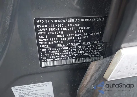 2012 Volkswagen Tiguan Se z USA, uszkodzony, nr VIN WVGBV7AX5CW104219